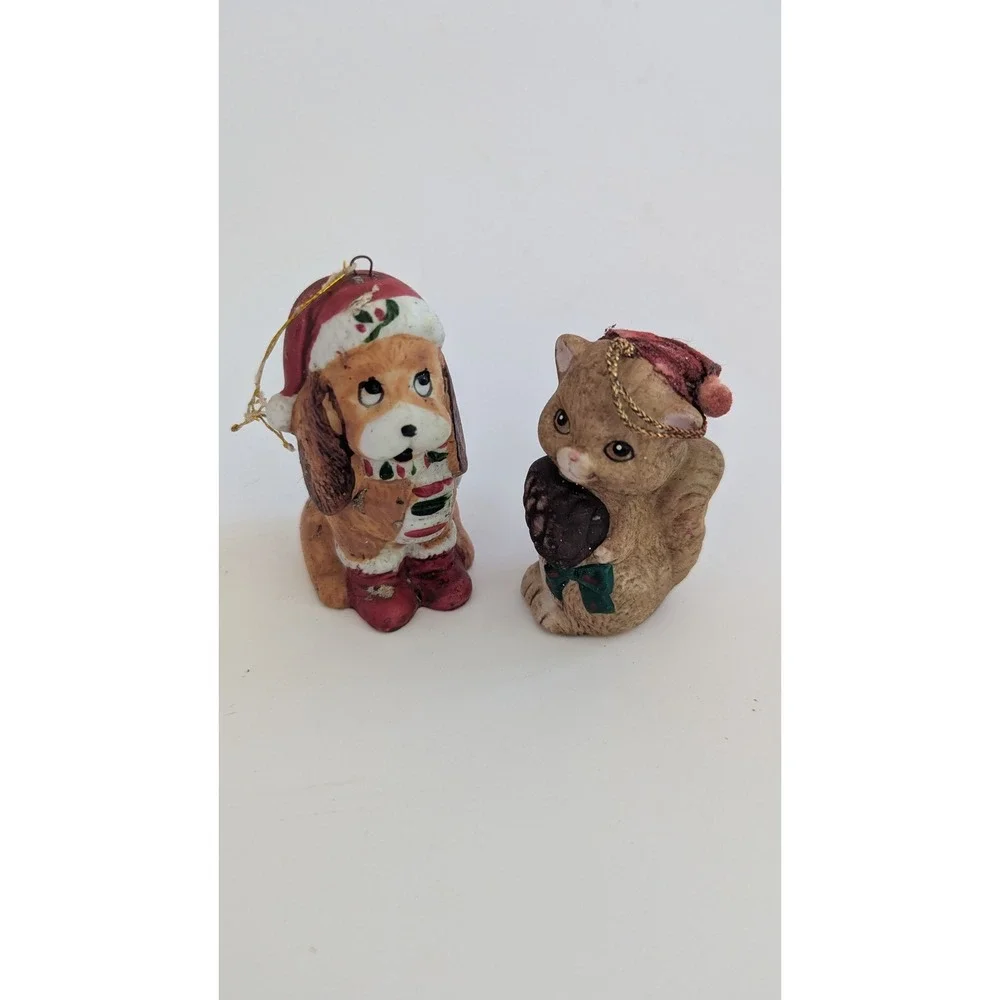 Vintage 1986 Ceramic Christmas Ornaments Set Dog and cat  Holiday Decor